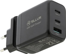 Seinalaadija Tellur GaN 65W, 3 porti, 2xUSB-C + USB-A, must