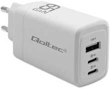 Laadija Qoltec 65W GaN, 2xUSB-C, 1xUSB QC 3.0, valge