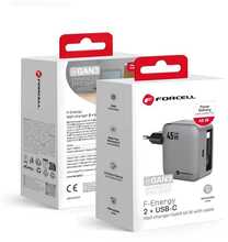 Reisilaadija Forcell F-Energy GaN III VT-R5, USB-C PD QC4.0, 45W, hall, väljatõmmatav USB-C kaabel