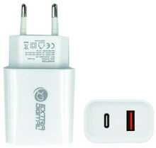 Laadija Extra Digital USB 3.0 + Type C, 220V, 20W, QC3.0 + PD, valge