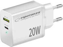 Seinalaadija Esperanza EZC105W, USB-C 20W, USB QC3.0 18W, valge
