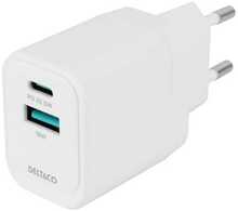 Seinalaadija Deltaco USBC-AC154, 1x USB-A 18 W, 1x USB-C 20 W, valge