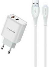 Laadija Awei PD81L-EU, 22.5W, USB-A/USB-C, USB to Lightning kaabel, valge
