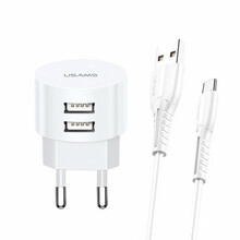 Seinalaadija Usams T20, 2xUSB, 2,1A, microUSB, valge