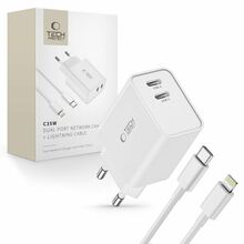 Seinalaadija Tech-Protect C35W, 2x USB-C PD, 35 W, USB-C/Lightning kaabel, valge
