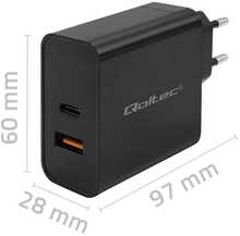 Laadija Qoltec 52381 Super Quick PD, 1xUSB-C, 1xUSB, 90W, must