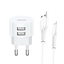 Laadija Usams T20, 2xUSB, 2,1A, koos Lightning kaabliga, valge