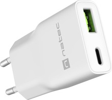 Seinalaadija Natec Ribera GaN Slim 20W, USB-A + USB-C, valge, NUC-2376