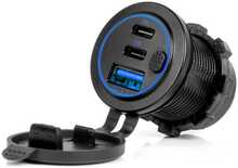 Autolaadija Amio AMIO-04596, USB + 2x USB-C QC3.0, 12V/24V, veekindel, lülitiga