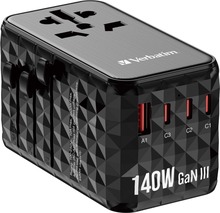 Reisiadapter Verbatim UTA-10, GaN, 140W, USB-A/3xUSB-C, must