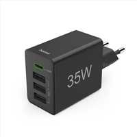 Seinalaadija Hama 35W PD/QC, 1x USB-C, 3x USB-A, must