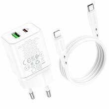 Laadija Borofone BN7, 20W, USB-C/USB-A, koos Lightning kaabliga, valge