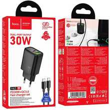 Laadija Hoco N63, USB A + USB C, QC3.0 PD 3A, 30W, USB C kuni USB C kaabel, must