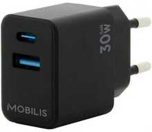 Seinalaadija Mobilis 001362, 30 W, 1 USB A + 1 USB C, must