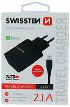 Telefoni laadija Swissten, 2x USB, 2.1A, USB-Lightning kaabel, 1.2m, must