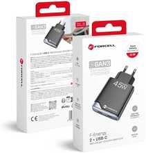 Reisilaadija Forcell F-ENERGY GaN III B245201(2C), 2 x Type C + USB A, PD QC4.0, 45W, must