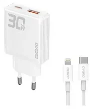 Adapter Dudao A30EU, 30W, 1xUSB-C, 1xUSB-A, USB-C kuni Lightning kaabel, valge