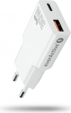 Seinalaadija Everactive SC-380Q Charger Super Slim QC 3.0, 30 W, 1xUSB, 1xUSB-C, valge