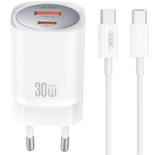 Laadija XO CE21, 30W, 1x USB-C, 1x USB, valge, kaabel USB-C - USB-C