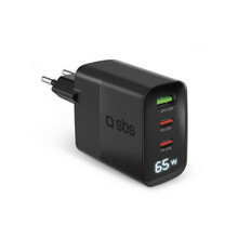 Laadija SBS GaN 65W, 2xUSB-C + USB, LCD, must