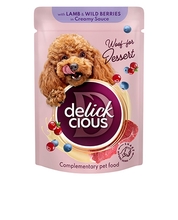 Konserv koertele Delickcious tükid koorekastmes lambaliha ja metsamarjadega, 80 g