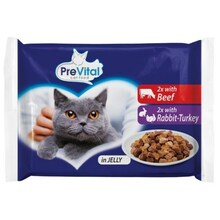 Märgtoit kassipoegadele Prevital veiseliha ja kalkuniliha kastmes, 4 x 100 g