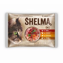 Märgtoit kassipoegadele Shelma kanaga, kalkuniga, veiselihaga ja pardiga, 4 x 85 g