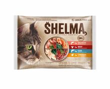 Märgtoit kassidele Shelma lõhe, tursa, veiseliha ja kanaga, 4 x 85 g