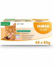 Konserv kassidele IAMS Delights Adult linnu-, kala- ja lambalihaga kastmes, 85 g