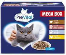 Märgtoit kassidele Prevital Megabox lambaliha, veiseliha, küüliku ja kanaga, 24 x 100 g