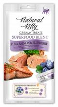 Natural Kitty Superfood Blend kreemjad maiused kassidele, tuunikala, lõhe ja mustikad, 4 x 12 g