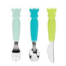 Laste söögiriistade komplekt Vulli Sophie La Girafe, 6+ kuud, 3 tk, sinine/kollane/roheline