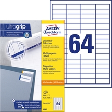 Kleebisetiketid Avery Zweckform, A4, 48.5 x 16.9 mm, 64 etiketti, 100 lehte, valge