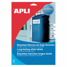 Isekleepuvad etiketid Apli, A4, 210 x 297 mm, vastupidavad, 20 lehte, valged