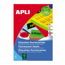 Isekleepuvad etiketid Apli, A4, 91.1 x 67.7 mm, neoonoranž, 20 lehte, 8 etiketti lehel