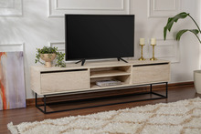 TV-alus Hanah Home Escape 180, 180 x 50 cm, must, travertiin, 100 prots. melamiiniga kaetud puitlaastplaat