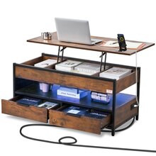 Kohvilaud Vevor, 100 cm, pruun, tõstetava lauaplaadiga, panipaigaga, USB-pesa ja LED valgustusega