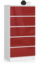 Kummut Nore K60, 5 sahtliga, 40 x 60 x 121 cm, valge/punane