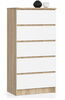 Kummut Akord K60, 60 x 40 x 121 cm, 5 sahtliga, tamm/valge