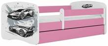 Lastevoodi Kocot Kids BabyDreams Sports Car, voodikastiga, madratsiga, 80 x 160 cm, valge/roosa