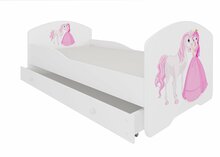 Lastevoodi ADRK Furniture Pepe Princess And Horse, voodipesukastiga, madratsiga, 80 x 160 cm, valge/roosa