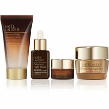 Näohoolduskomplekt Estee Lauder Get Ready Routine: puhastusgeel 30 ml, silmageel-kreem 5 ml, öine seerum 15 ml, öökreem 7 ml