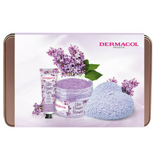 Kehahoolduskomplekt Dermacol Lilac Flower Care: kätekreem 30 ml + kehakoorija 200 g + lõhnaküünal