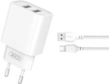 Laadija XO CE02C, 2x USB 2.1 A, Micro USB kaabliga, valge