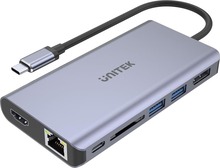USB-C jagaja Unitek 2x USB 3.1 HDMI DP RJ45 SD D1056A, hall