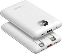 Välise aku Veger C11C (W1170) 10000 mAh, sisseehitatud kaablitega Type C / Lightning, 22.5 W, valge