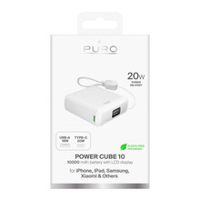 Akupank Puro 10000 mAh, 20 W, USB-C USB-A, ekraaniga ja sisseehitatud USB-C kaabliga, valge