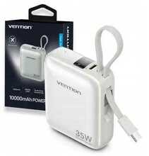 Akupank Vention 10000 mAh, 35 W PD, integreeritud USB-C kaabliga, beež