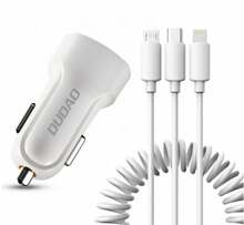 Autolaadija Dudao R7, 2 x USB, 2.4 A, 3 in 1 kaabel, valge