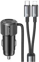 Autolaadija USAMS YT Series CC287, 1 x USB-A, 1 x USB-C, 66 W, 2-in-1 USB-C/Lightning kaabliga, must